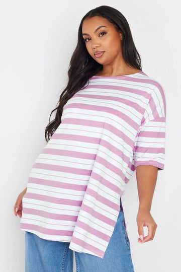 Büyük Beden Bisiklet Yaka Kısa Kollu Yanları Yırtmaçlı Çizgili T-shirt 303944 Vervegrand