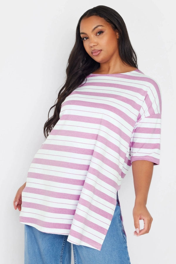 Büyük Beden Bisiklet Yaka Kısa Kollu Yanları Yırtmaçlı Çizgili T-shirt 303944 Vervegrand