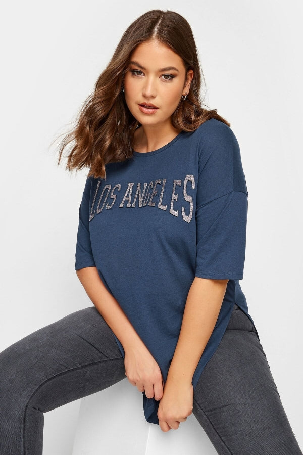 Vervegrand büyük beden Los Angeles baskılı mavi t-shirt ön görünüm