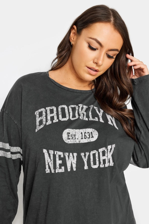 Büyük Beden Bisiklet Yaka Uzun Kollu Baskılı Yıkamalı T-shirt 302843 Vervegrand