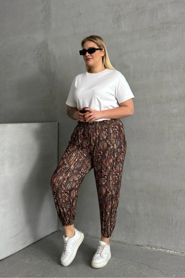 Büyük Beden Beli ve Paçası Lastikli Desenli Cepli Pantolon 74-77 Vervegrand