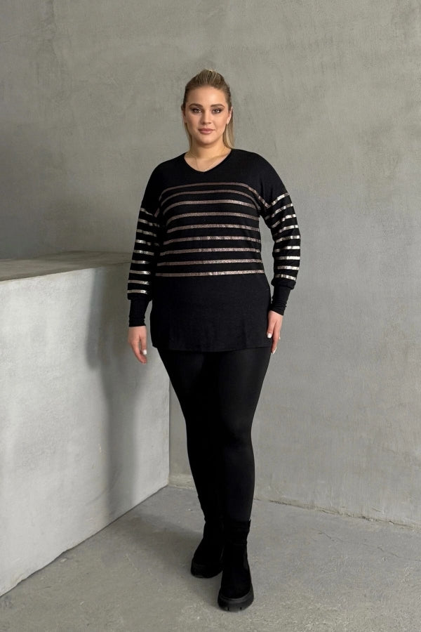 Büyük Beden Uzun Kollu V Yaka Bilekleri Lastikli Bluz 302910 Vervegrand