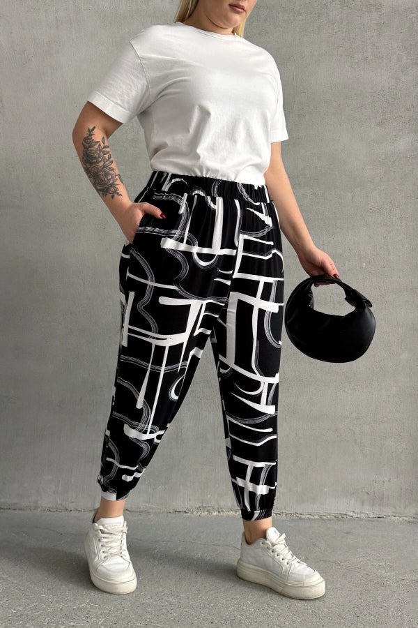 Büyük Beden Beli ve Paçası Lastikli Desenli Cepli Pantolon 98-4 Vervegrand