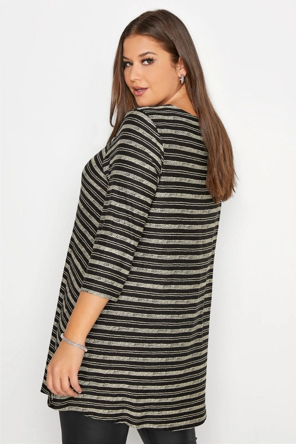 Büyük Beden V Yaka Önü Fermuar Detaylı Yarım Kollu Çizgili Tunik 173690 Vervegrand