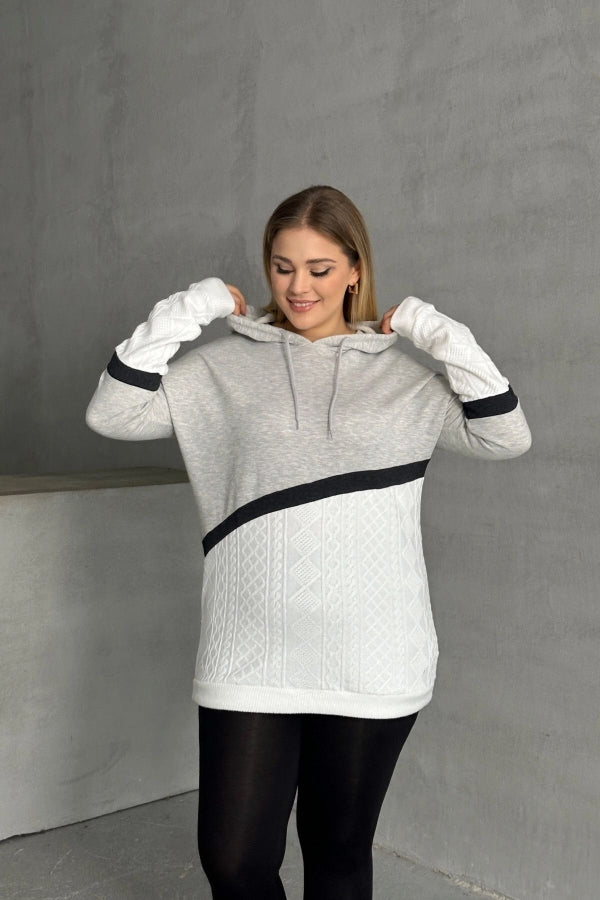 Büyük Beden Kapüşonlu Uzun Kollu İki Parça Görünümlü Cepsiz Sweatshirt 300264 Vervegrand