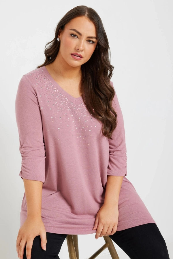Büyük Beden V Yakası Taş İşlemeli Kolları Büzgülü Bluz 322296 Vervegrand