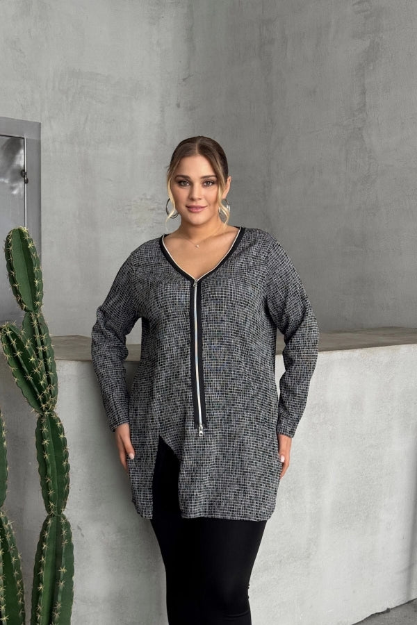 Büyük Beden V Yaka Önü Fermuarlı Yırtmaç Detaylı Bluz 173658 Vervegrand