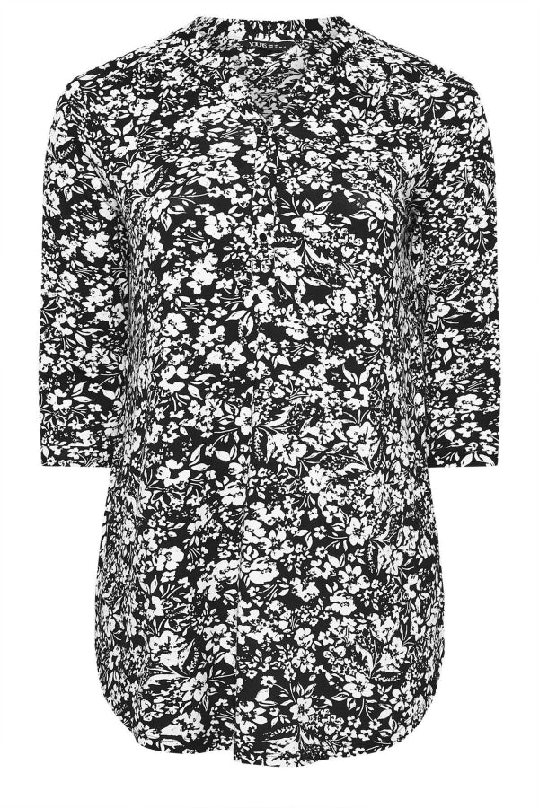 Büyük Beden Yarım Kollu Önü Düğmeli Çiçek Desenli Gömlek 322267 Vervegrand