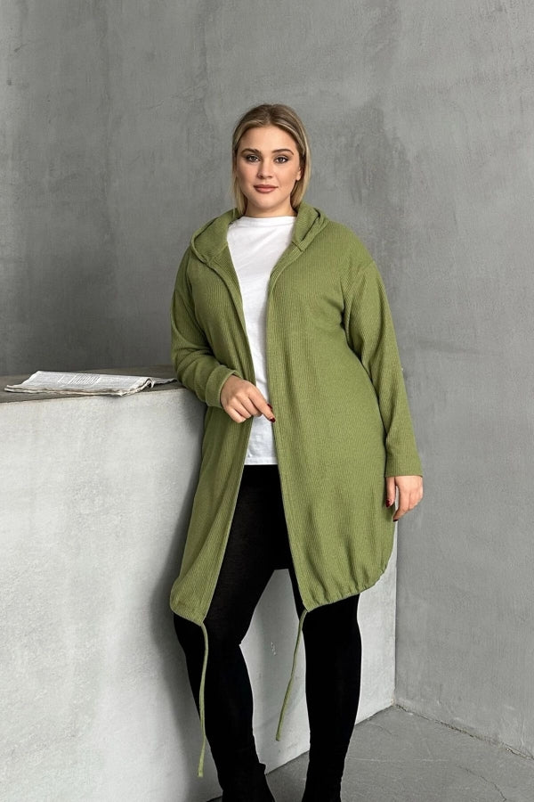 Büyük Beden Uzun Kollu Kapüşonlu Önü Kapamasız Fitilli Hırka 74-136 Vervegrand