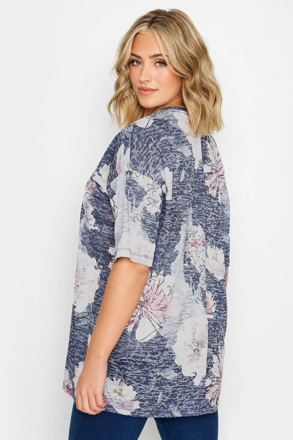 Büyük Beden Çiçek Baskılı Bisiklet Yaka Yarım Kollu T-shirt 302478 Vervegrand