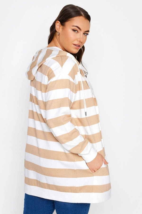 Büyük Beden Kapüşonlu Fermuarlı Çizgili Uzun Kollu Sweatshirt 302937 Vervegrand