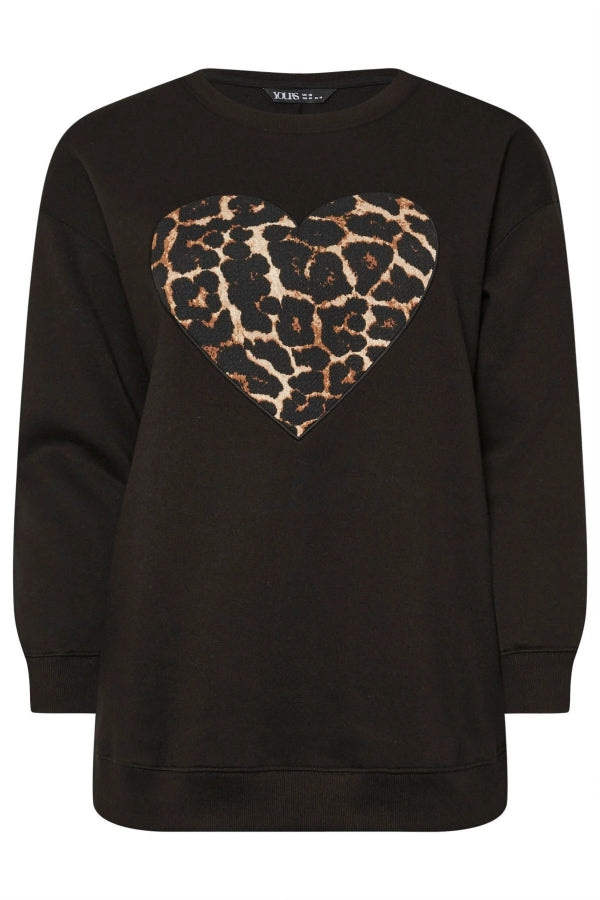 Büyük Beden Uzun Kollu Bisiklet Yaka Leopar Kalp Baskılı Sweatshirt 303752 Vervegrand