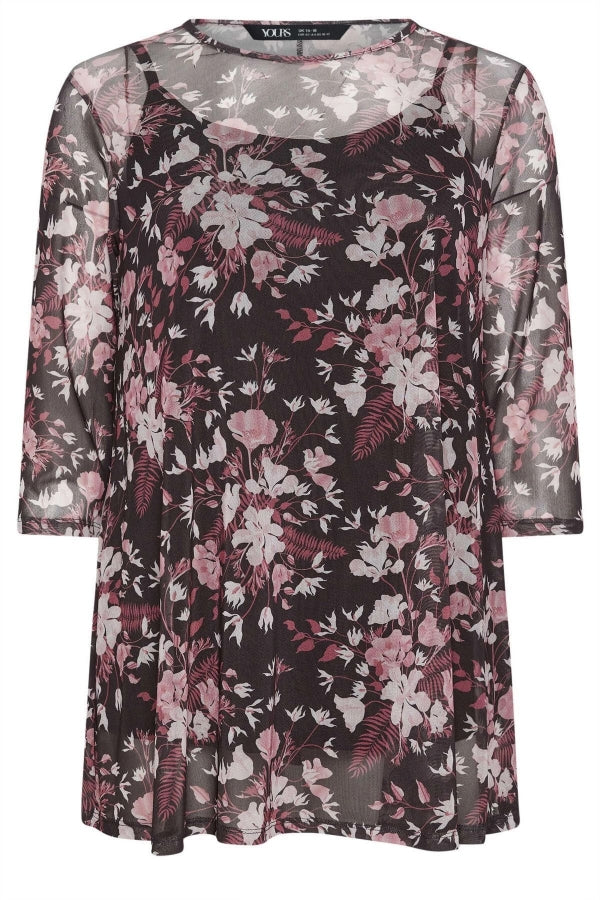 Büyük Beden Bisiklet Yaka Çiçek Desenli Uzun Kollu Tül Bluz 302700 Vervegrand