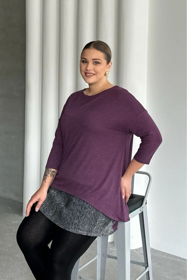 Büyük Beden Eteği Tül Detaylı Uzun Kollu İnce Bluz 84-106 Vervegrand