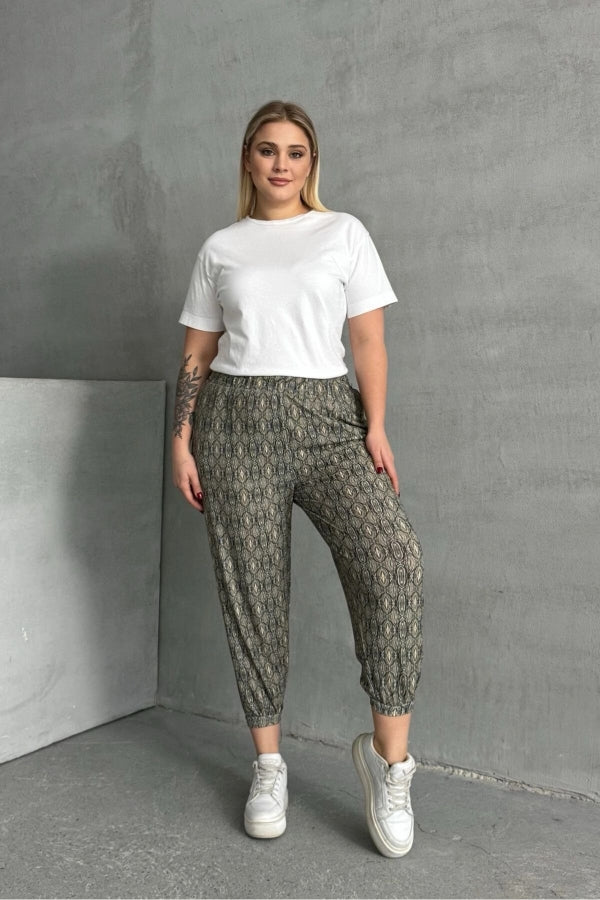 Büyük Beden Beli ve Paçası Lastikli Desenli Cepli Pantolon 303301 Vervegrand