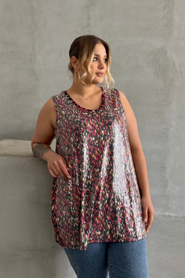 Büyük Beden V Yaka Desenli Payet İşlemeli Kolsuz Bluz 302386 Vervegrand