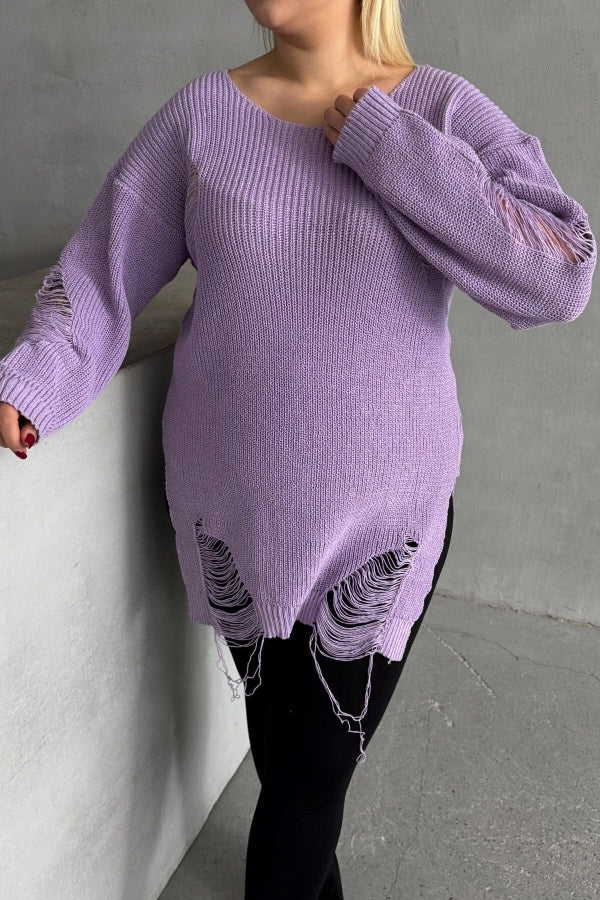 Büyük Beden Uzun Kollu Bisiklet Yaka Yırtık Detaylı Triko Kazak T-3 Vervegrand