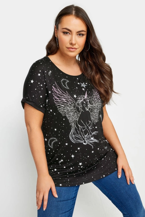 Büyük Beden Bisiklet Yaka Kısa Kollu Metalik Baskılı T-shirt 302893 Vervegrand