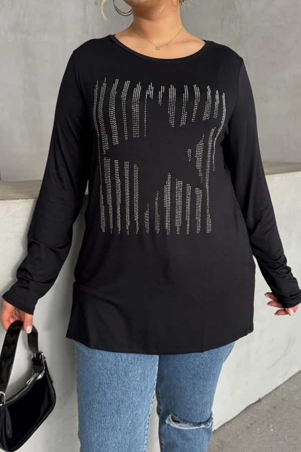 Büyük Beden Uzun Kollu Bisiklet Yaka Taş İşlemeli İnce Bluz 173716 Vervegrand