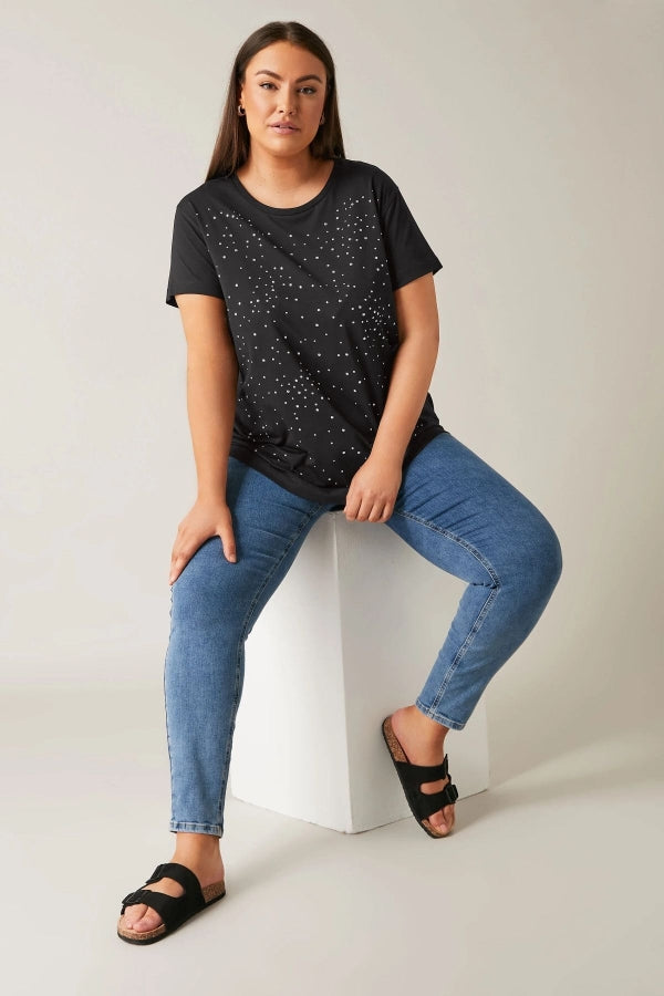 Büyük Beden Bisiklet Yaka Kısa Kollu Taş Yapıştırma Basic T-shirt 615350 Vervegrand