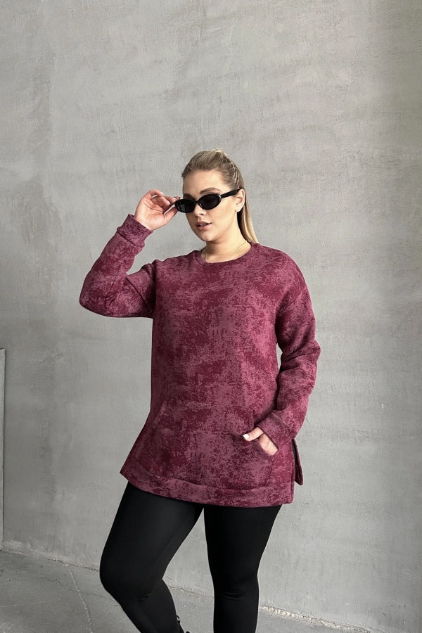 Büyük Beden Uzun Kollu Bisiklet Yaka Önü Cepli Desenli Sweatshirt 106-78 Vervegrand