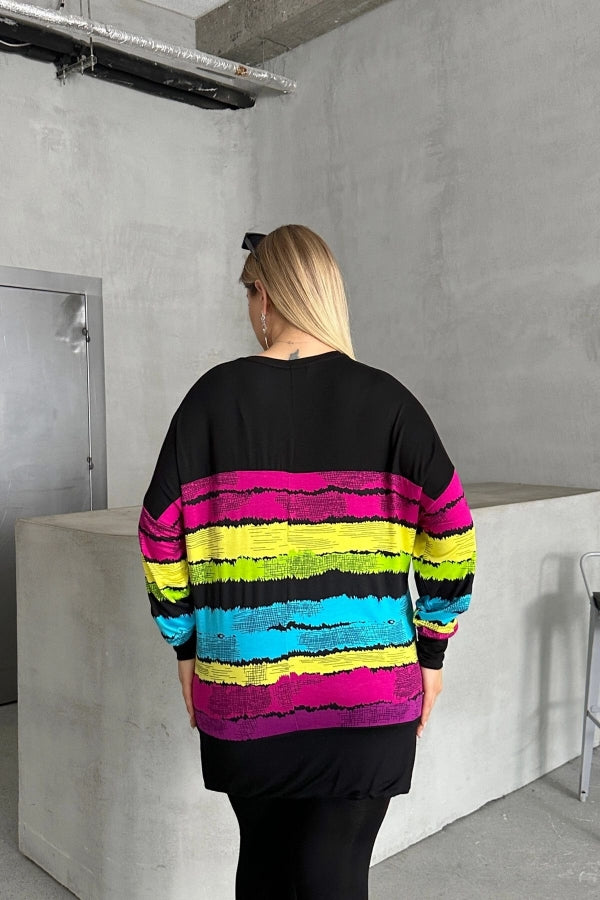 Büyük Beden V Yaka Çizgili Yanları Yırtmaçlı Uzun Kollu Bluz 302014 Vervegrand