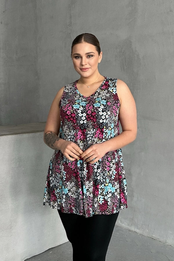 Büyük Beden V Yaka Sıfır Kol Çiçek Desenli Bluz 302261 Vervegrand