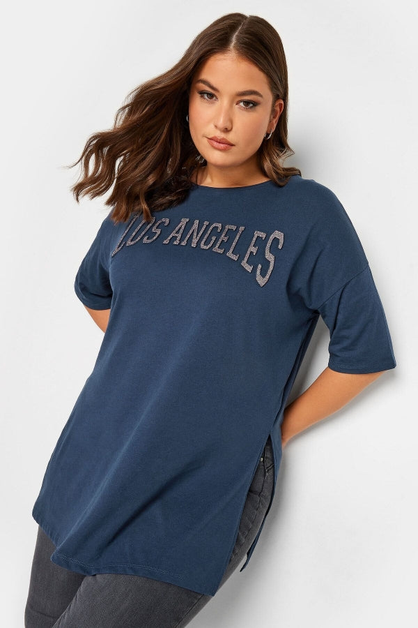 Vervegrand büyük beden Los Angeles baskılı mavi t-shirt ön görünüm