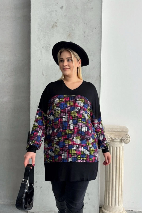 Büyük Beden Uzun Kollu V Yaka Yanı Yırtmaçlı Desenli Bluz 89-45 Vervegrand