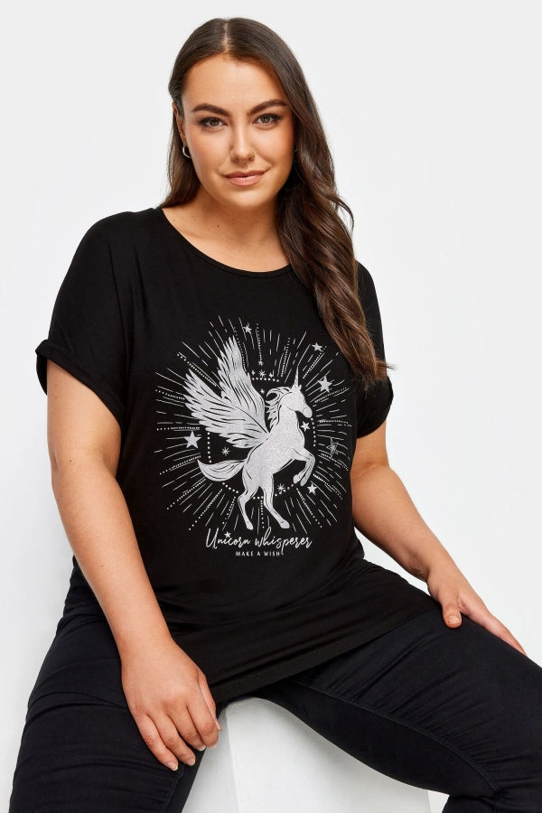 Vervegrand büyük beden unicorn baskılı siyah kısa kollu t-shirt