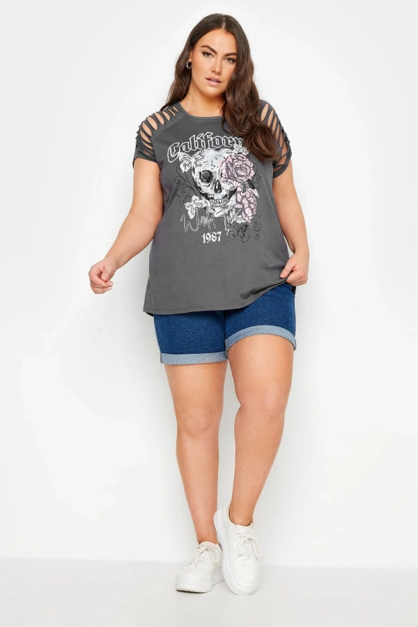 Büyük Beden Bisiklet Yaka Kol ve Omuz Detaylı Baskılı T-shirt 321749 Vervegrand