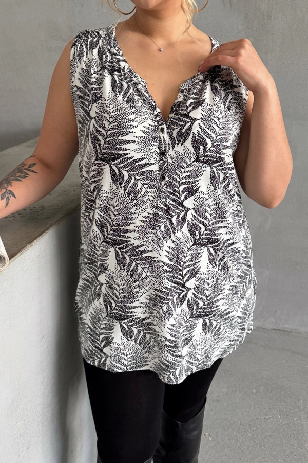 Büyük Beden Sıfır Kol Desenli V Yaka Önü Düğmeli Uzun Kesim Bluz 35047 Vervegrand