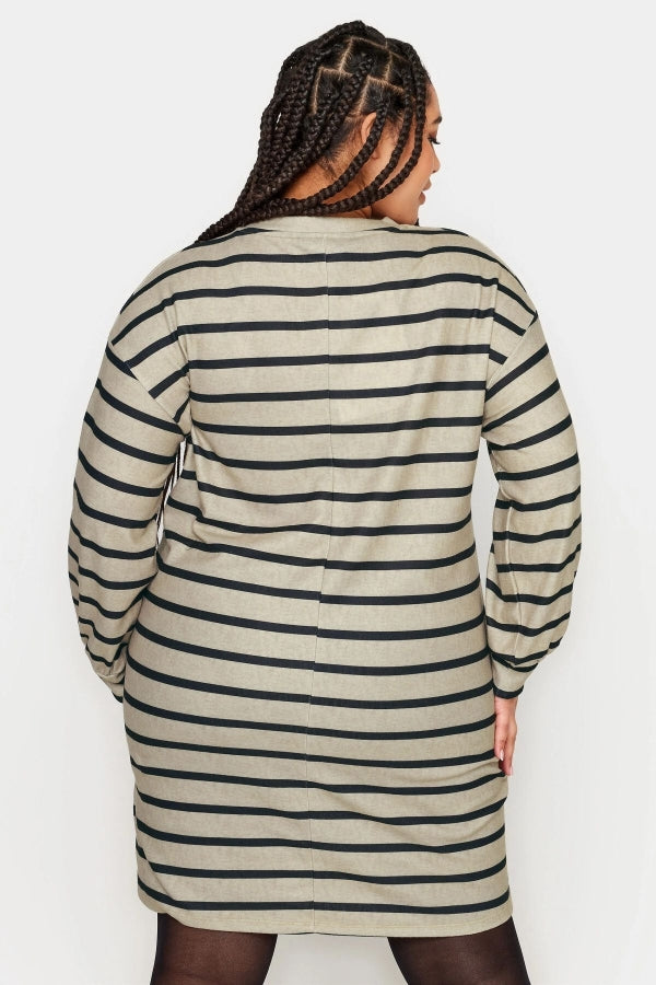 Büyük Beden Bisiklet Yaka Uzun Kollu Çizgili Kısa Elbise 302882 Vervegrand