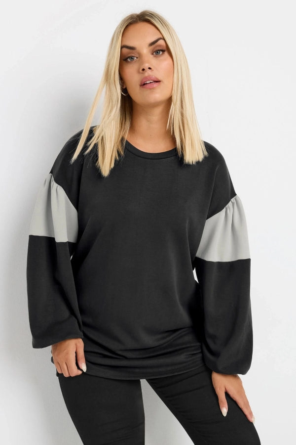 Büyük Beden Bisiklet Yaka Kolları Şeritli İnce Sweatshirt 303688 Vervegrand