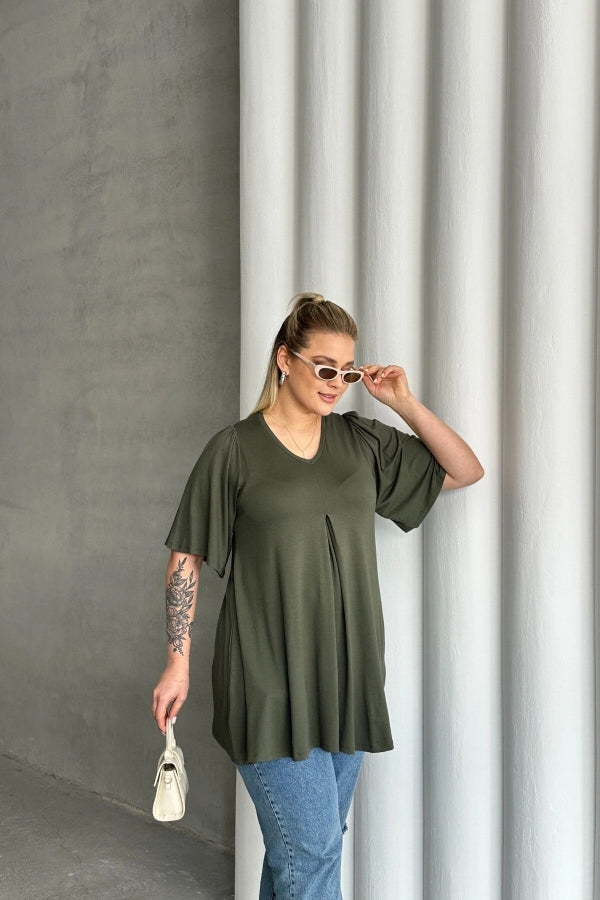 Büyük Beden V Yaka Desensiz Asimetrik Kesim Likralı Bluz MDL-4 Vervegrand