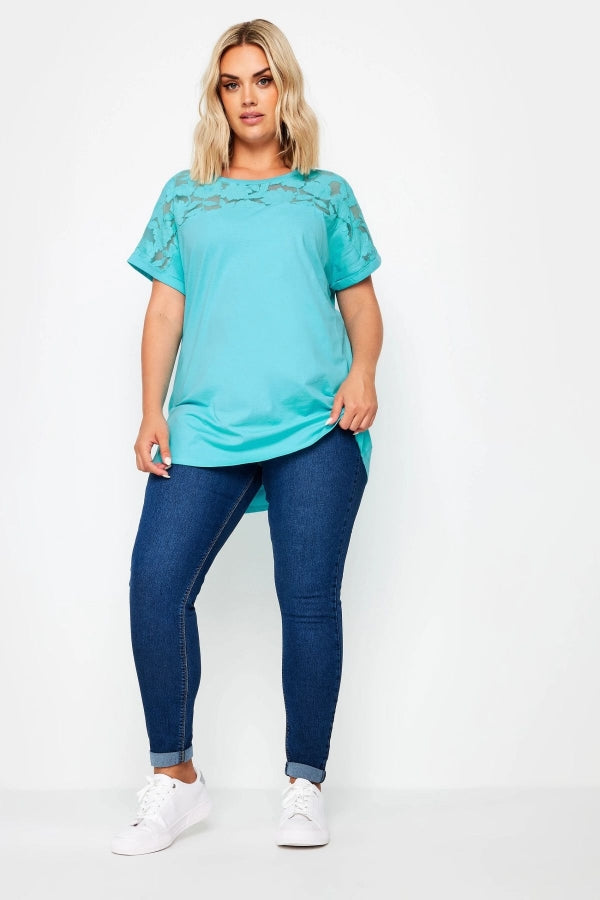 Büyük Beden Bisiklet Yaka Tül Detaylı Kısa Kollu T-shirt 321836 Vervegrand
