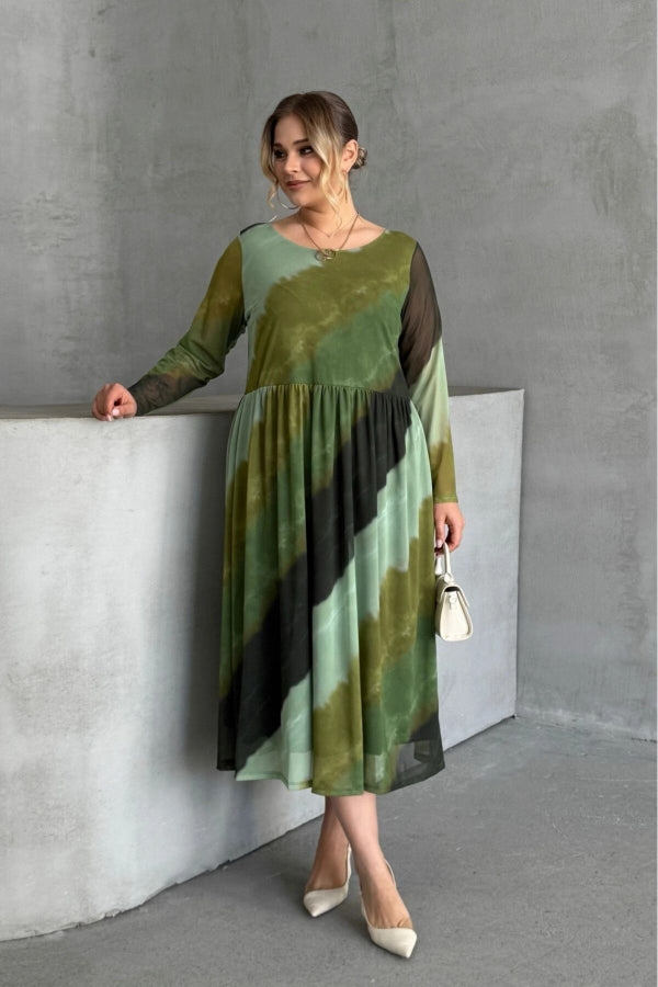 Büyük Beden Bisiklet Yaka Uzun Kollu Beli Lastikli Astarlı Elbise 615922 Vervegrand