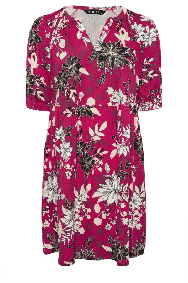 Büyük Beden V Yaka Kısa Kollu Çiçek Desenli Mini Elbise 304079 Vervegrand