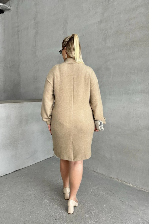 Büyük Beden Uzun Kollu Yumuşak Dokulu Yakası Fermuarlı Triko Elbise 106-37 Vervegrand