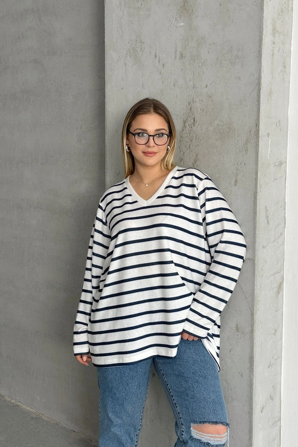 Büyük Beden Uzun Kollu Çizgili Mevsimlik T-shirt SD-1063 Vervegrand