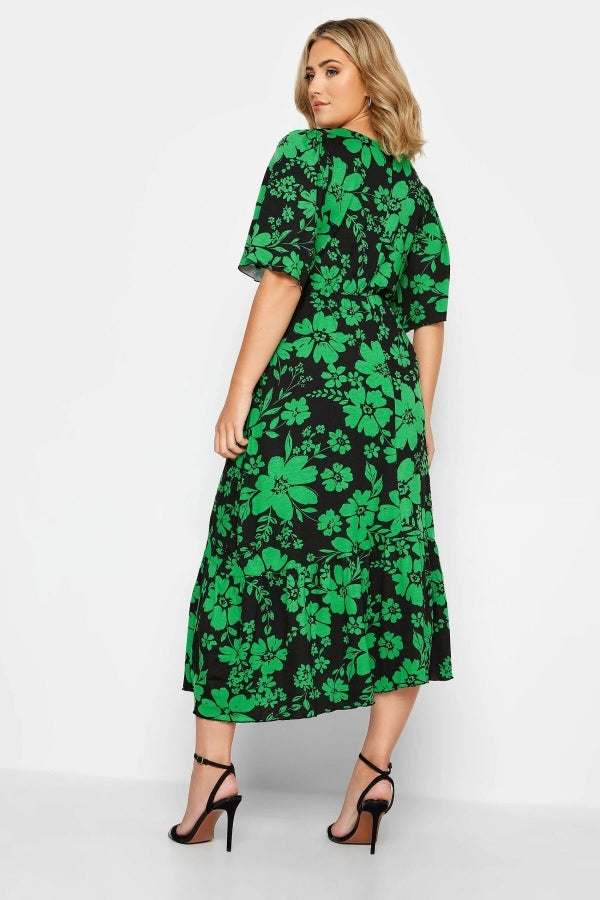 Büyük Beden V Yaka Desenli Kuşaklı Likralı Yarım Kol Anvelop Elbise 137589 Vervegrand