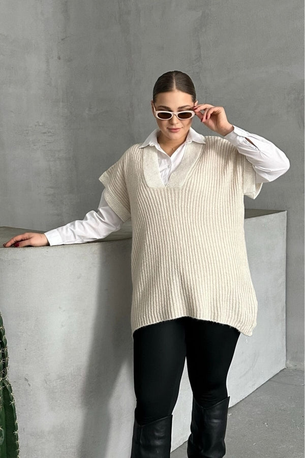 Büyük Beden V Yaka Kısa Kollu Triko Süveter 302137 Vervegrand