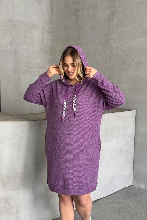 Büyük Beden Kapüşonlu Boncuk İşlemeli Cepli Sweatshirt Elbise 301802 Vervegrand