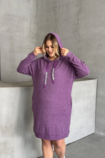 Büyük Beden Kapüşonlu Boncuk İşlemeli Cepli Sweatshirt Elbise 301802 Vervegrand