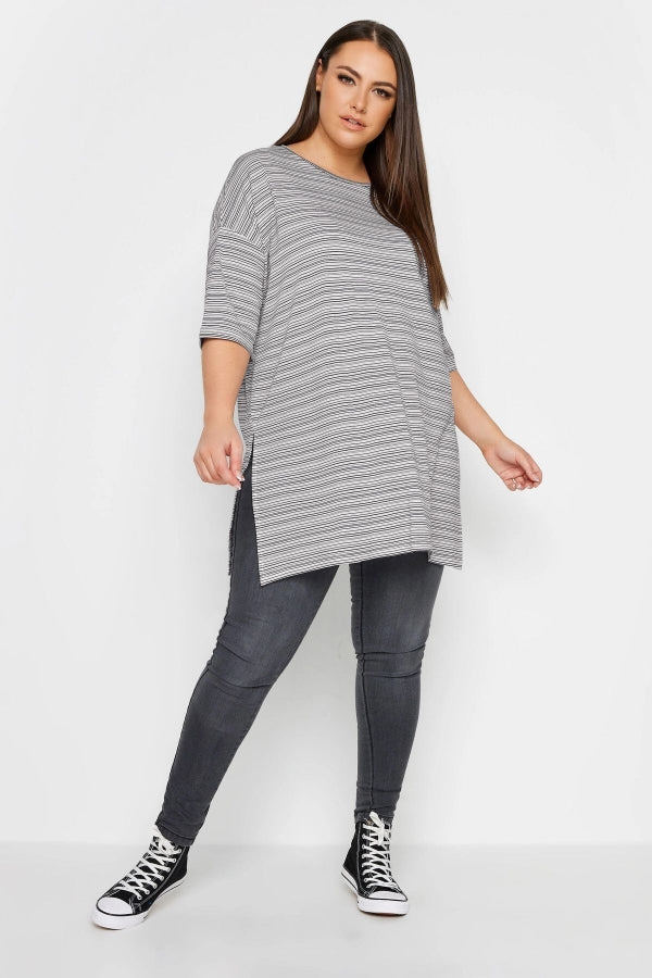 Büyük Beden Bisiklet Yaka Yarım Kollu Yırtmaç Detaylı Çizgili T-shirt 302946 Vervegrand