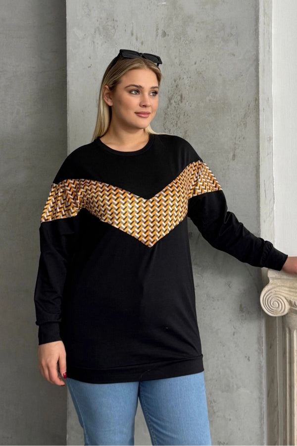 Büyük Beden Bisiklet Yaka Uzun Kollu Desenli Sweatshirt 300334 Vervegrand