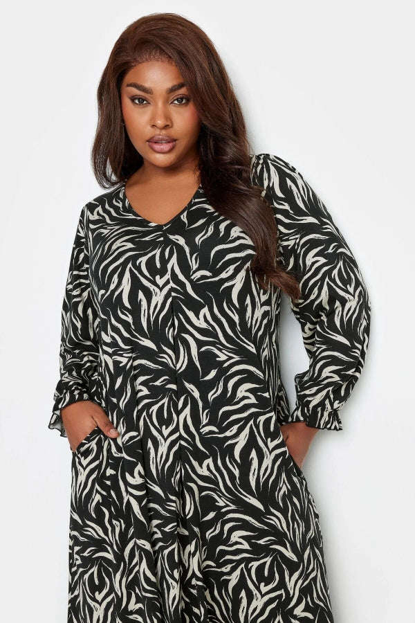 Büyük Beden Zebra Desenli Uzun Kollu Cepli V Yaka Uzun Elbise 137669 Vervegrand