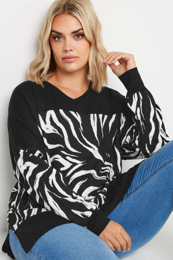 Büyük Beden Desenli Esnek Kumaş Uzun Kollu Uzun Kesim Bluz 303057 Vervegrand