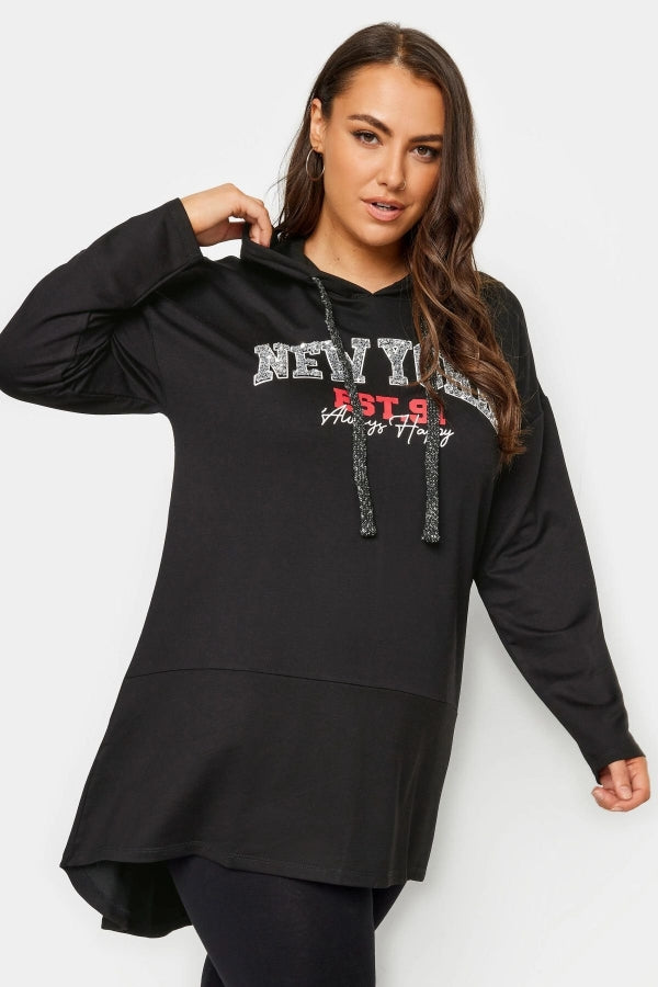 Vervegrand büyük beden siyah New York baskılı kapüşonlu sweatshirt önden görünüm