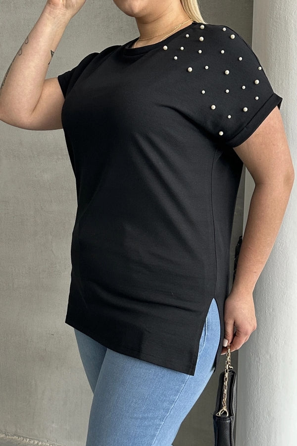 Büyük Beden Kısa Kollu Bisiklet Yaka Yanları Yırtmaçlı Boncuklu Basic T-shirt RFT-03 Vervegrand